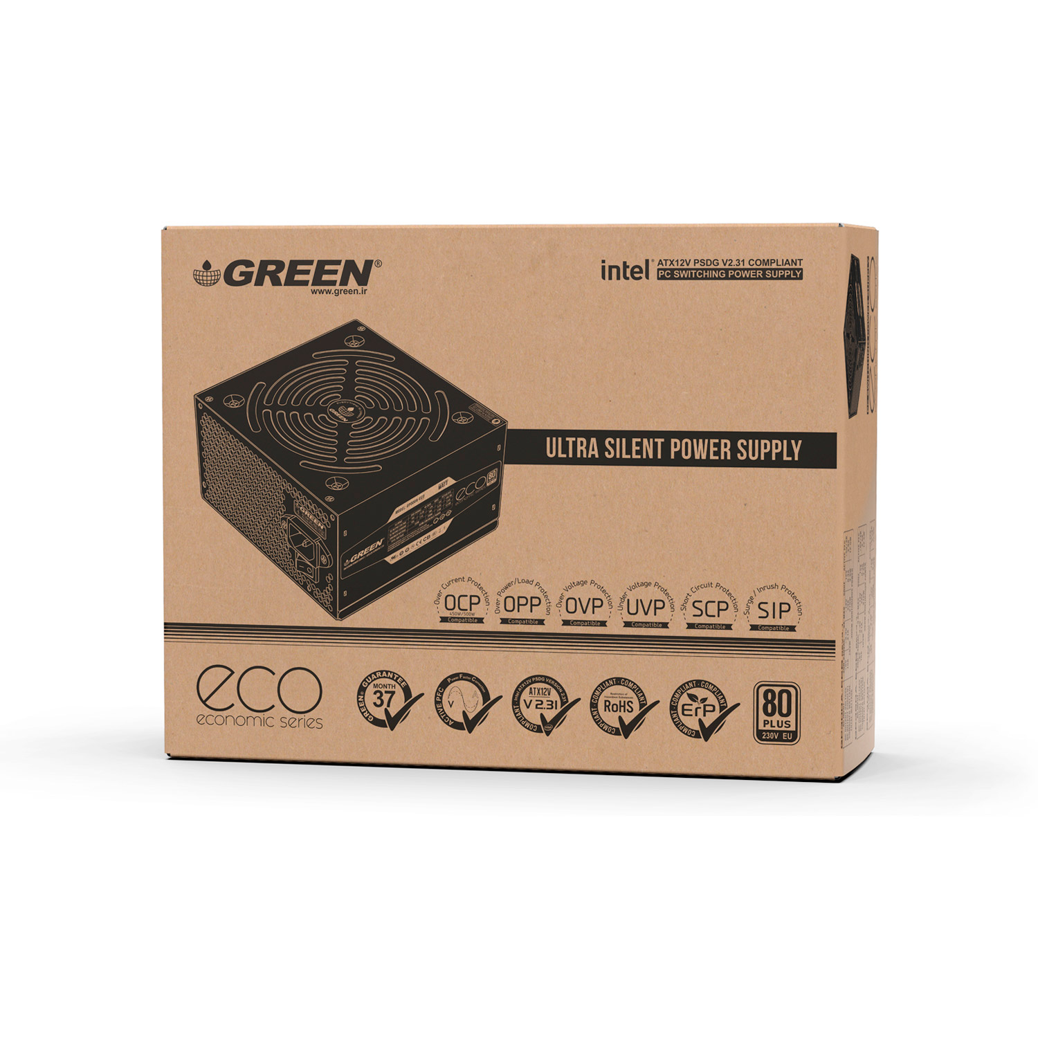 تصویر جعبه منبع تغذیه کامپیوتر گرین مدل GP450A-ECO Rev3.1 توان ۴۵۰ وات